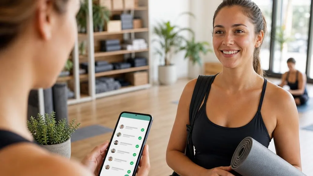 Recepcionista de un estudio haciendo el check-in de una alumna con mat de yoga desde el celular
