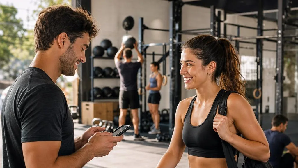 Coach haciendo el check-in de una alumna desde el celular en la recepción de un box de CrossFit