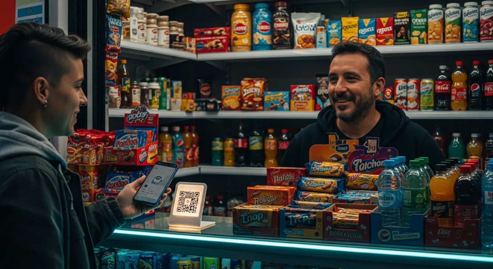 Cliente pagando con QR de MercadoPago en el mostrador de un kiosco