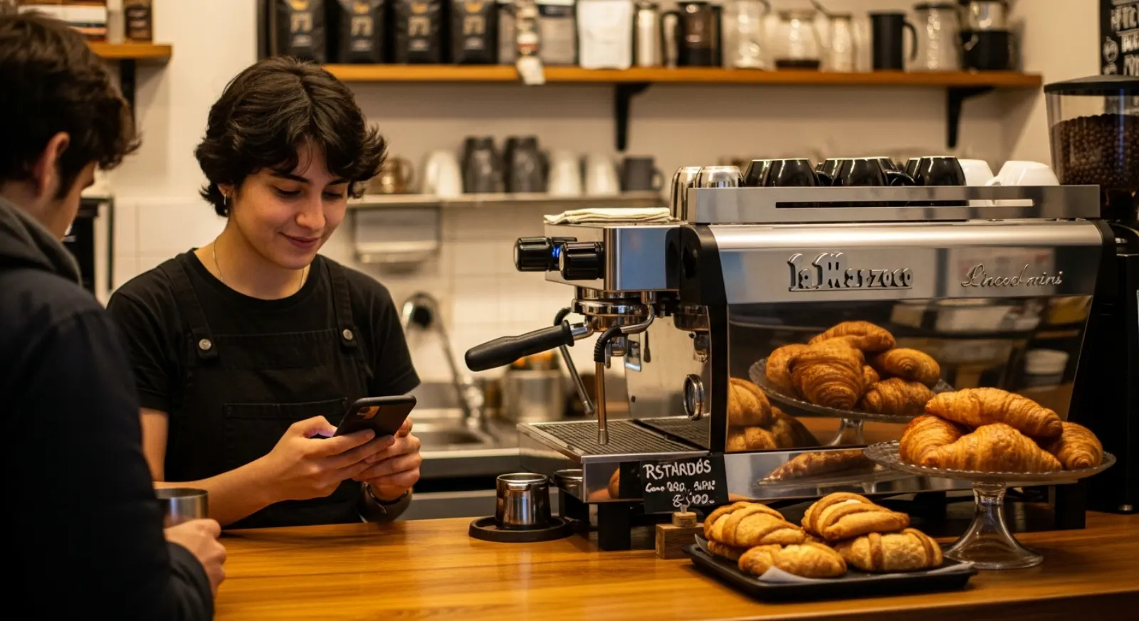 Barista tomando un pedido en la barra de un café de especialidad