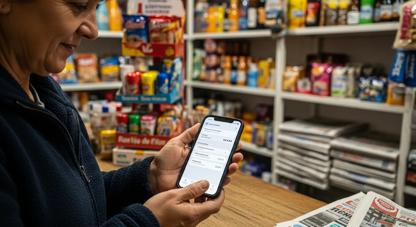 Comerciante de kiosco mirando en su celular el aviso de una transferencia recibida